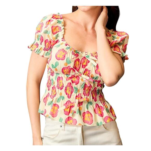 UMGEE Cream Pink Floral Smocked Peplum Short Sleeve Blouse Top NEW - Picture 1 of 7